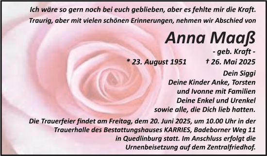 Traueranzeige von Anna Maaß von Trauerkombi Quedlinburg