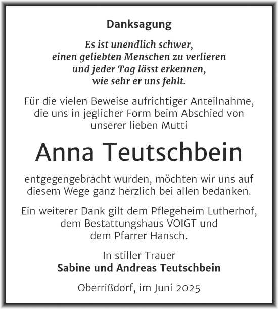 Traueranzeige von Anna Teutschbein von Trauerkombi Mansfelder Land