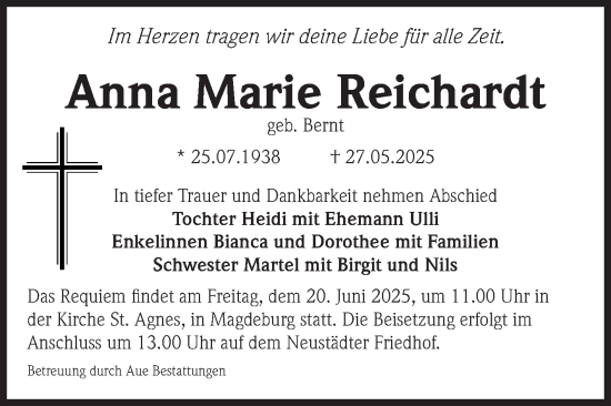 Traueranzeige von Anna Marie Reichardt von Volksstimme Magdeburg