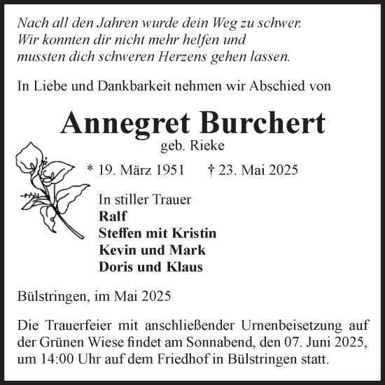 Traueranzeige von Annegret Burchert von Volksstimme Haldensleben/Wolmirstedt