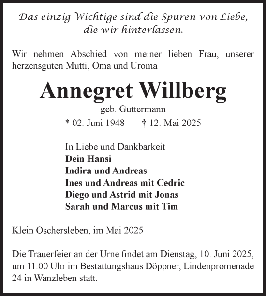 Traueranzeige von Annegret Willberg von Volksstimme Oschersleben/Wanzleben
