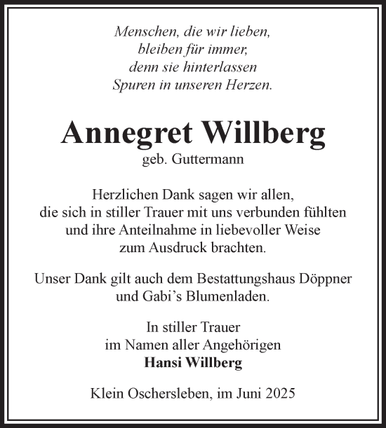 Traueranzeige von Annegret Willberg von Volksstimme Oschersleben/Wanzleben