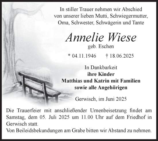 Traueranzeige von Annelie Wiese von Volksstimme Burg/Genthin