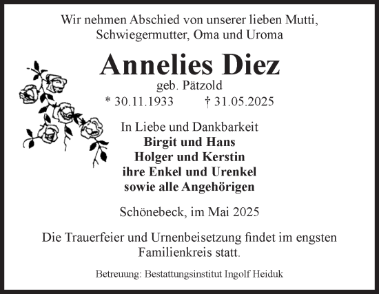 Traueranzeige von Annelies Diez von Volksstimme Schönebeck