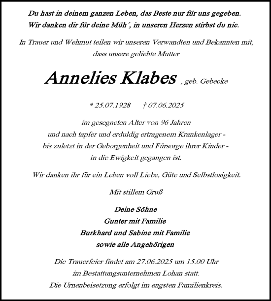 Traueranzeige von Annelies Kilabes von Trauerkombi Bitterfeld