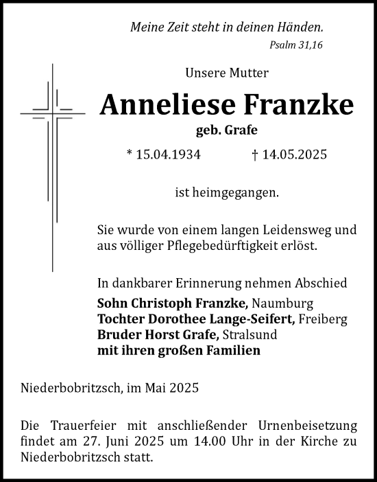 Traueranzeige von Anneliese Franzke 