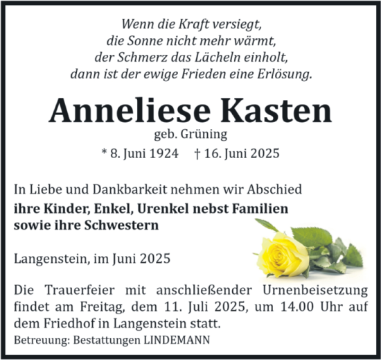 Traueranzeige von Anneliese Kasten von Volksstimme Halberstadt