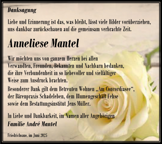 Traueranzeige von Anneliese Mantel von Trauerkombi Aschersleben