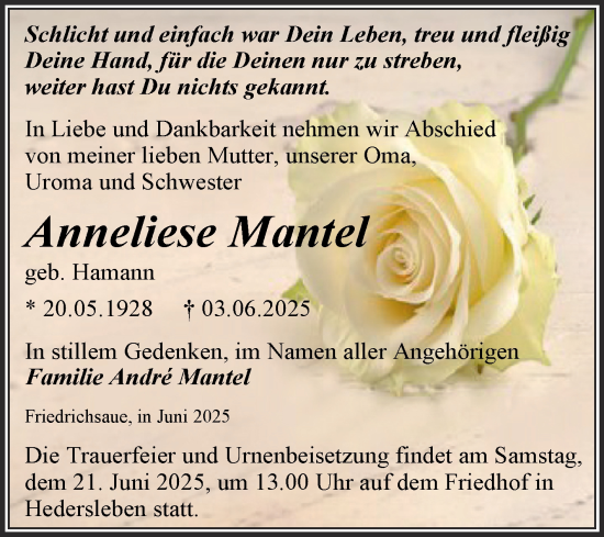 Traueranzeige von Anneliese Mantel von Trauerkombi Aschersleben