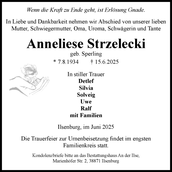 Traueranzeige von Anneliese Strzelecki von Volksstimme Wernigerode