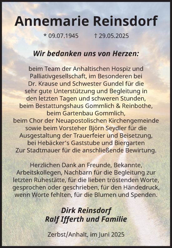 Traueranzeige von Annemarie Reinsdorf von Volksstimme Zerbst