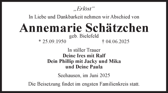 Traueranzeige von Annemarie Schätzchen von Volksstimme Altmark Ost
