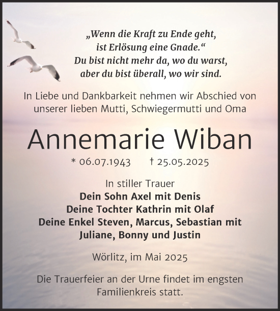 Traueranzeige von Annemarie Wiban von Trauerkombi Wittenberg