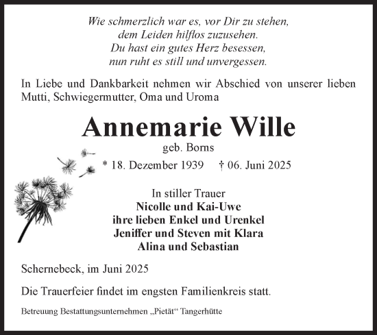 Traueranzeige von Annemarie Wille von Volksstimme Altmark Ost