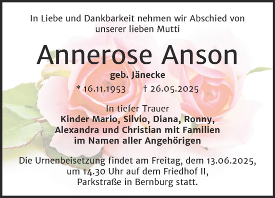 Traueranzeige von Annerose Anson von Trauerkombi Bernburg