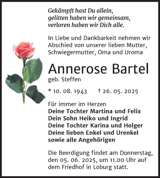 Traueranzeige von Annerose Bartel von Volksstimme Zerbst