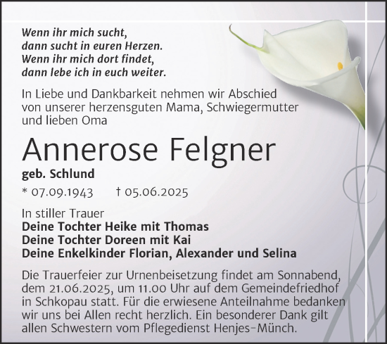 Traueranzeige von Annerose Felgner von Trauerkombi Merseburg