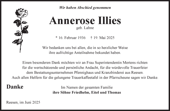 Traueranzeige von Annerose Illies von Volksstimme Burg/Genthin