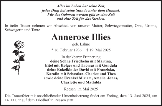 Traueranzeige von Annerose Illies von Volksstimme Burg/Genthin