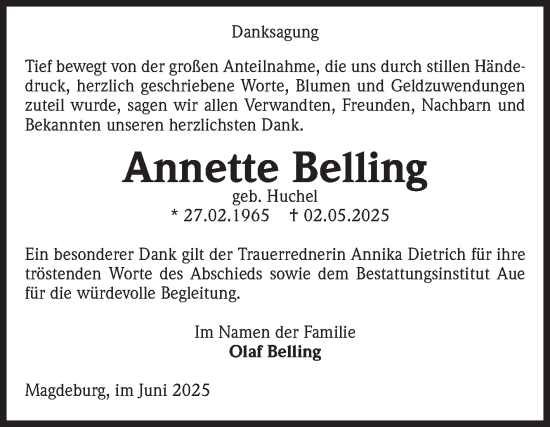 Traueranzeige von Annette Belling von Volksstimme Magdeburg