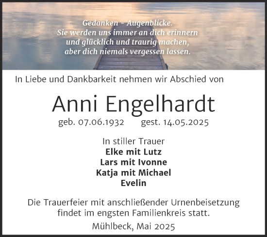 Traueranzeige von Anni Engelhardt von Trauerkombi Bitterfeld
