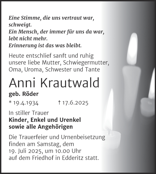 Traueranzeige von Anni Krautwald von Trauerkombi Köthen