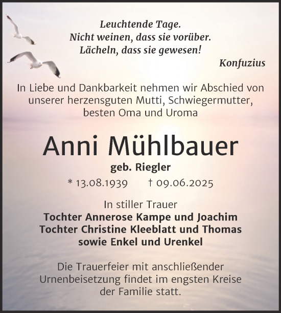 Traueranzeige von Anni Mühlbauer von Trauerkombi Bernburg