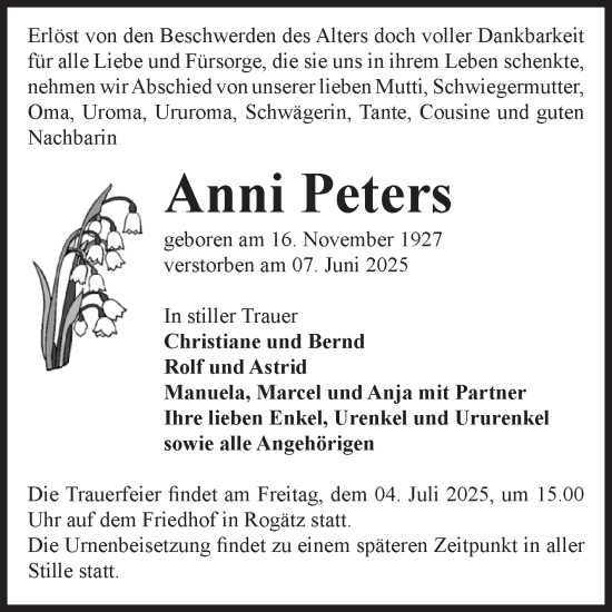 Traueranzeige von Anni Peters von Volksstimme Haldensleben/Wolmirstedt
