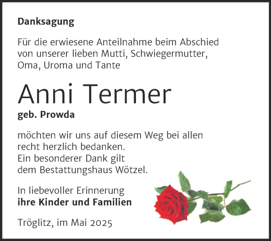 Traueranzeige von Anni Termer von Trauerkombi Zeitz