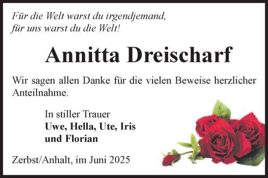 Traueranzeige von Annitta Dreischarf von Volksstimme Zerbst