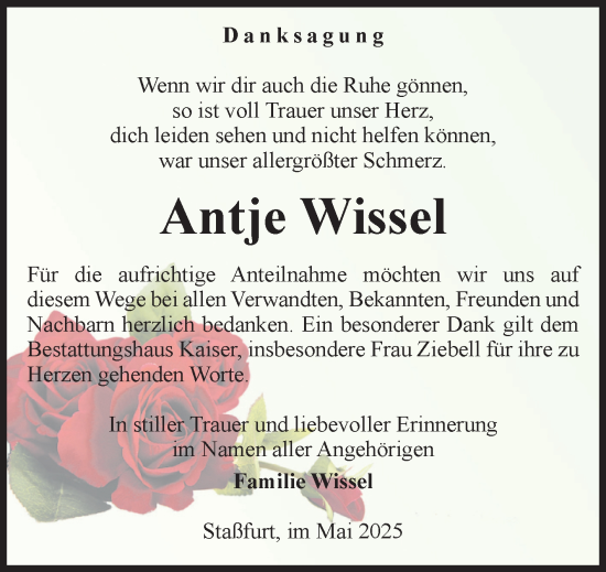 Traueranzeige von Antje Wissel von Volksstimme Zerbst
