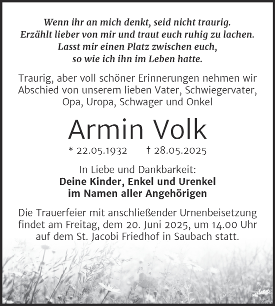 Traueranzeige von Armin Volk von Naumburger Tageblatt