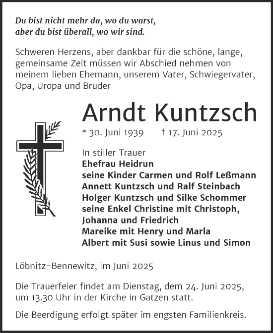 Traueranzeige von Arndt Kuntzsch von Trauerkombi Zeitz