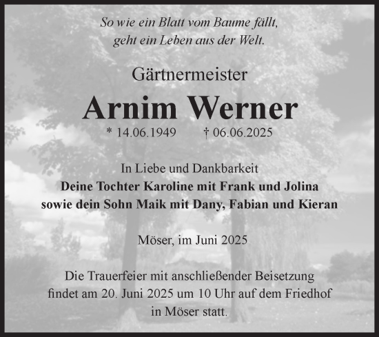 Traueranzeige von Arnim Werner von Volksstimme Burg/Genthin
