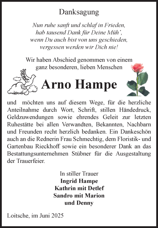 Traueranzeige von Arno Hampe von Volksstimme Haldensleben/Wolmirstedt