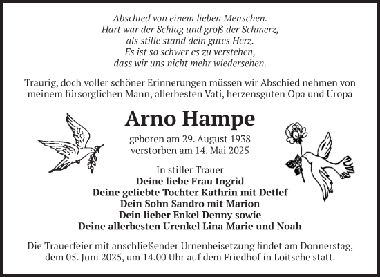 Traueranzeige von Arno Hampe von Volksstimme Haldensleben/Wolmirstedt