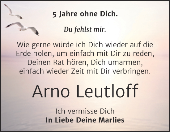 Traueranzeige von Arno Leutloff von Trauerkombi Merseburg