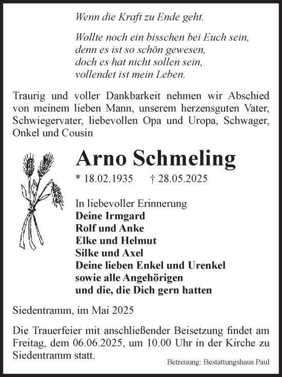 Traueranzeige von Arno Schmeling von Volksstimme Altmark West