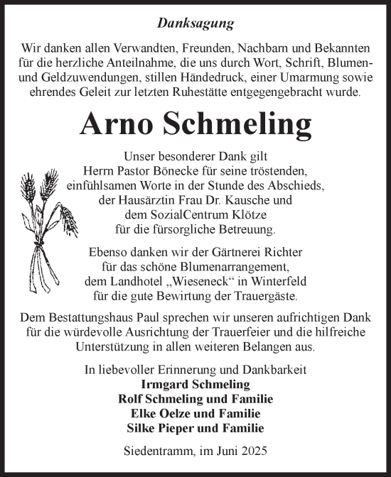 Traueranzeige von Arno Schmeling von Volksstimme Altmark West
