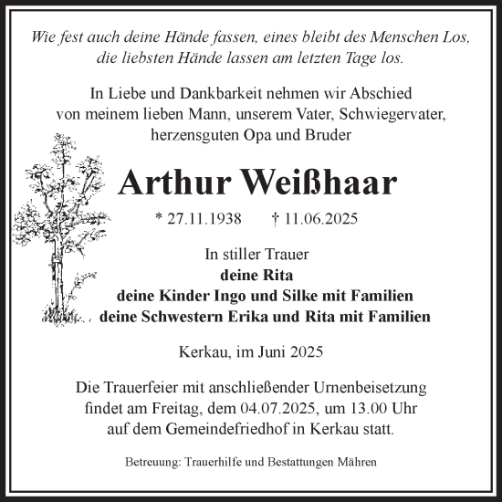 Traueranzeige von Arthur Weißhaar von Volksstimme Altmark West