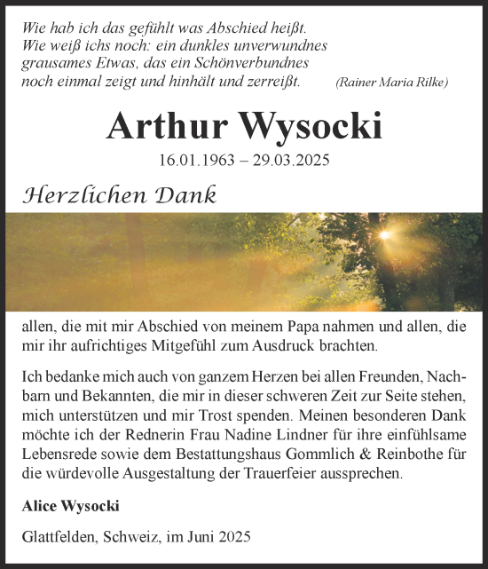 Traueranzeige von Arthur Wysocki von Volksstimme Zerbst
