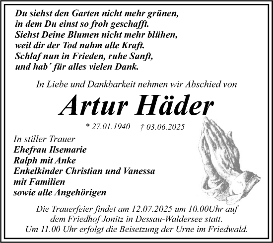 Traueranzeige von Artur Häder von Trauerkombi Dessau