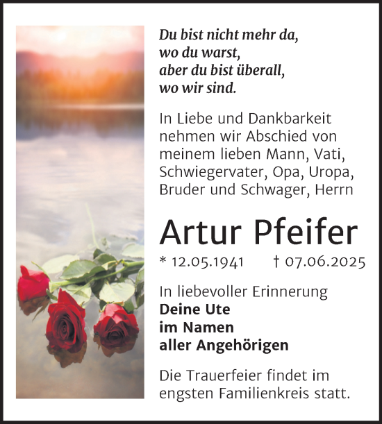Traueranzeige von Artur Pfeifer von Trauerkombi Weißenfels