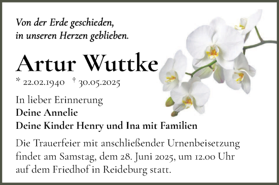 Traueranzeige von Artur Wuttke von Mitteldeutsche Zeitung Halle/Saalkreis