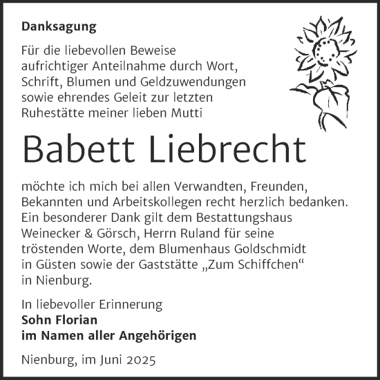 Traueranzeige von Babett Liebrecht von Trauerkombi Bernburg