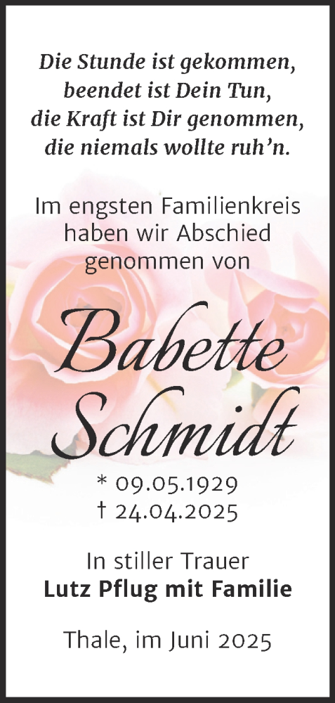 Traueranzeige von Babette Schmidt von Trauerkombi Quedlinburg