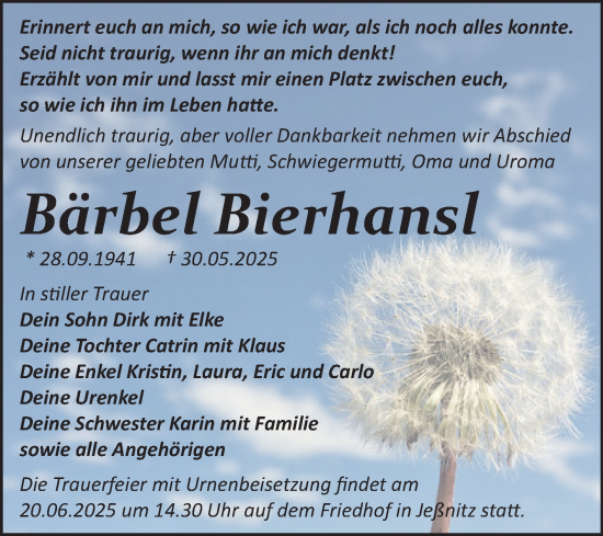 Traueranzeige von Bärbel Bierhansl von Trauerkombi Bitterfeld