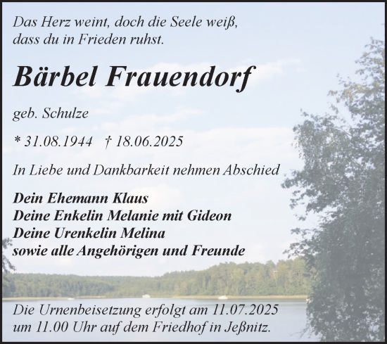 Traueranzeige von Bärbel Frauendorf von Trauerkombi Bitterfeld