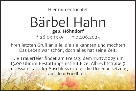 Traueranzeige von Bärbel Hahn von Trauerkombi Dessau