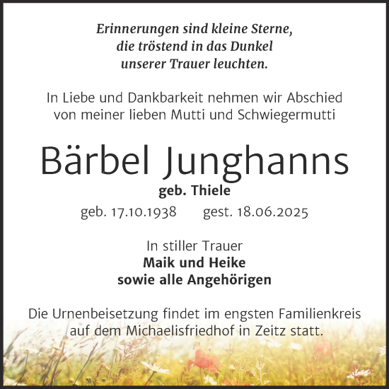 Traueranzeige von Bärbel Junghanns von Trauerkombi Zeitz